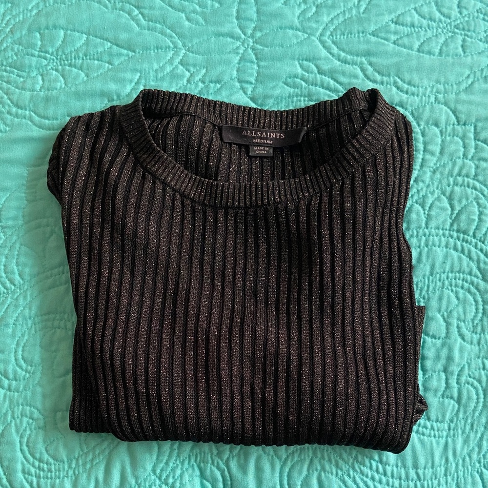 All Saints Black Metallic Ribbed Crewneck Sweater
